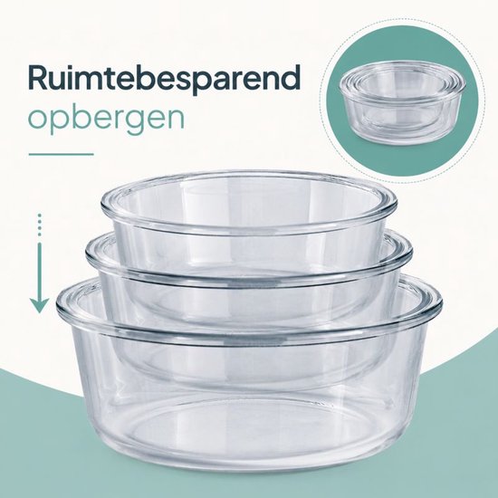 Ceruzo Meal Prep Bakjes Glas – 3 Stuks – Luchtdicht – Rond