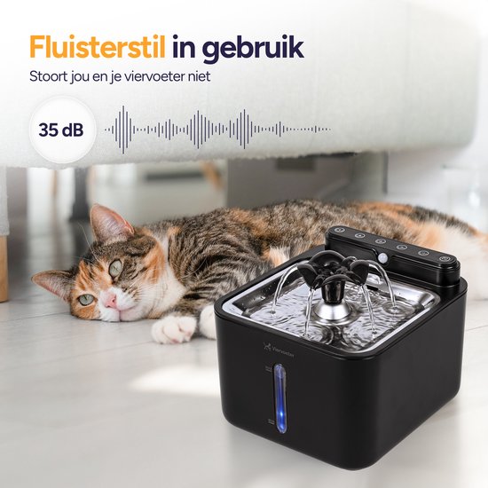 Viervoeter® Draadloze Drinkfontein RVS - Sensor Waterfontein voor Kat en Hond - Inclusief 3 filters - 3,2L - 30d batterijduur - Fluisterstil
