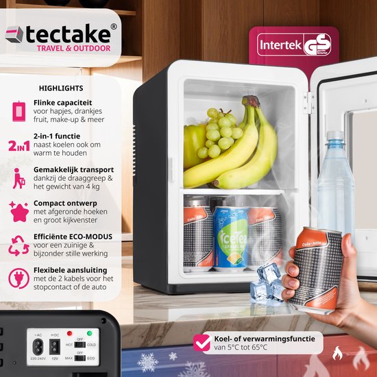 tectake® Mini-Autokoelkast - Draagbare minibar 14L - 2-in-1-functie: koelen en verwarmen - Ideale elektrische koeler voor dranken, medicijnen of make-up - Voor thuis of onderweg - ECO-modus