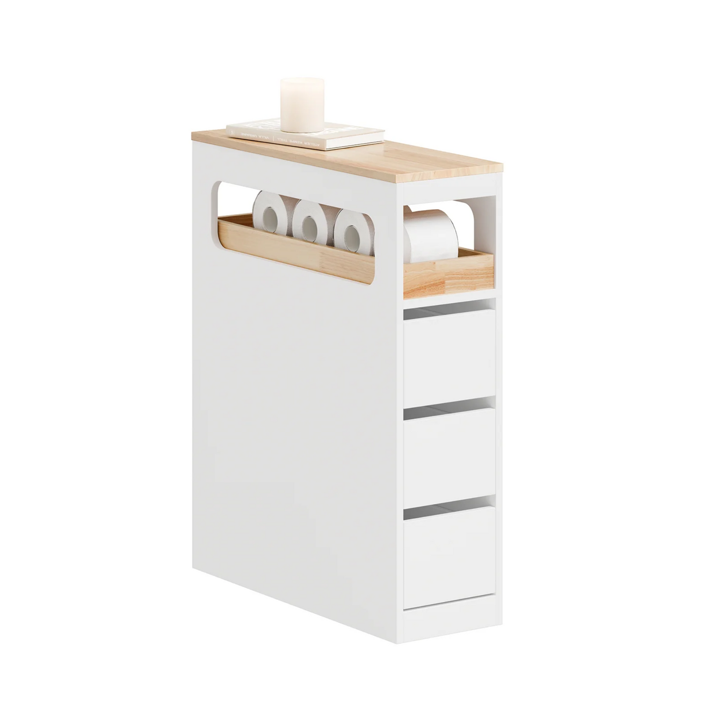 SoBuy Smalle Badkamerkast op Wieltjes - 65x23x82 cm - 3 Lades - Open Vak - MDF & Hout - Wit/Naturel