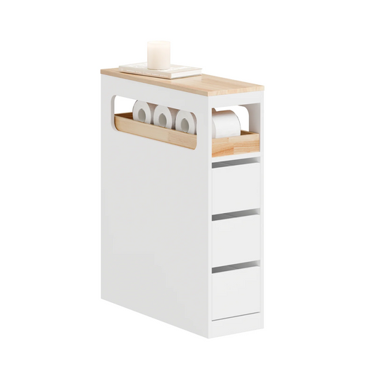 SoBuy Smalle Badkamerkast op Wieltjes - 65x23x82 cm - 3 Lades - Open Vak - MDF & Hout - Wit/Naturel