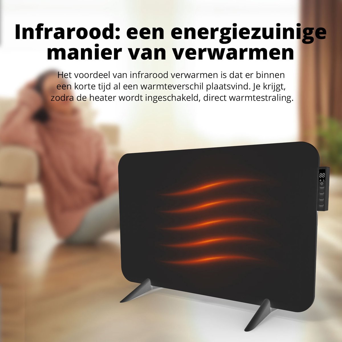 FlinQ Smart Verwarmingspaneel - Infrarood - Stil En Veilig - 450W - 12 m² - 72,5 x 2,8 x 47,5 cm - Zwart