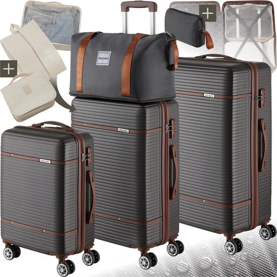 tectake® Kofferset - 13-delige Reisset - Koffers - Koffer set - Bagageset Inclusief Handbagage Koffer, Ruimbagage Koffer Groot, Reistas, Toilettas, Accessoiretas - Trolley met TSA slot - Antraciet