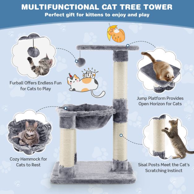 Coast Multi -Storey Scratching Post Soft Wrapped Cat Tree met een gezellige hangmatgrijs