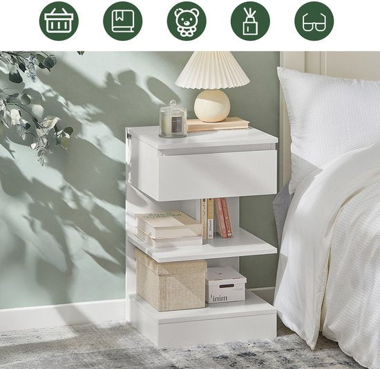 SoBuy Lot de 2 Bijzettafel, Nachtkastje met 1 Lade & 3 Legplanken, Scandinavisch Design Salontafel voor Woonkamer of Slaapkamer, Wit, 39x65x39cm, FBT49-Wx2