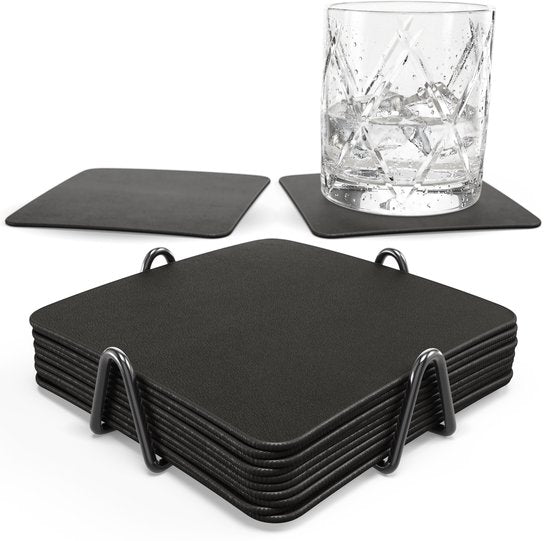 Castagnola Kunstlederen Onderzetters – Onderzetters voor Glazen – Design Onderzetters met Houder – Leren Onderzettersset met metalen houder – Leder – Set van 10 - Zwart - 10x10cm