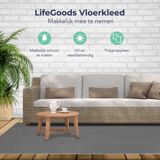 LifeGoods Buitenkleed - 274x350CM - Vloerkleed - Tuintapijt - Buitentapijt - Incl. Draagtas - Grijs