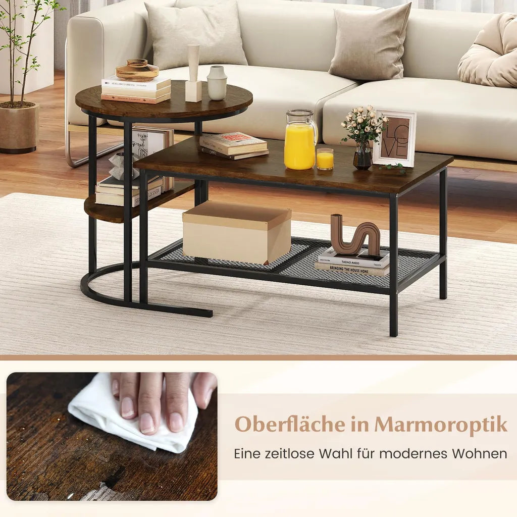Coast Salontafel Set van 2 – Ovale en Ronde Bijzettafel met Metalen Frame – Bruin