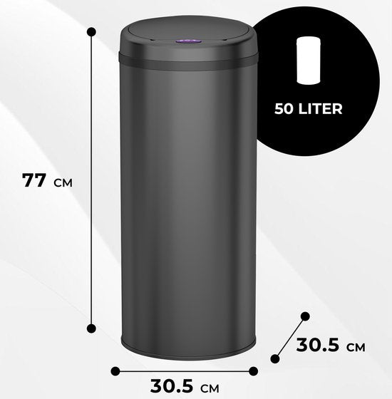 Bayt Prullenbak - Prullenbak 50 Liter - Prullenbak met Sensor - Vuilnisbak - Afvalbak - Afvalemmer - Zwart