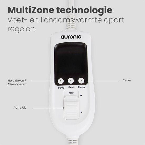 Auronic Elektrische 2-Persoons Onderdeken – Instelbare Voetzone - 9 Warmtestanden - 120W – 160 x 150 cm – Wit