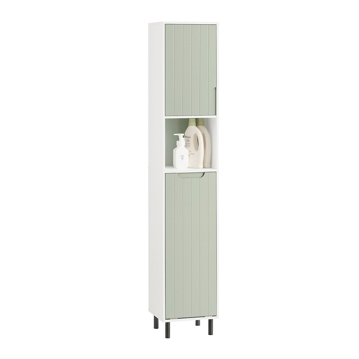 SoBuy Hoge Meerlaagse Badkamerkast BZR137-GR - Uitklapbare Wasmand - 31 x 30 x 167 cm - Groen met Wit