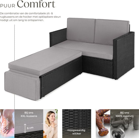 tectake® - Wicker loungesofa tuinstoel ligbed - bankstel - 2-zits fauteuil met kruk en slaapfunctie, kleine wicker bank als buitentuinmeubel, voor lounge, balkon en tuin, opvouwbaar met kussens- zwart / grijs