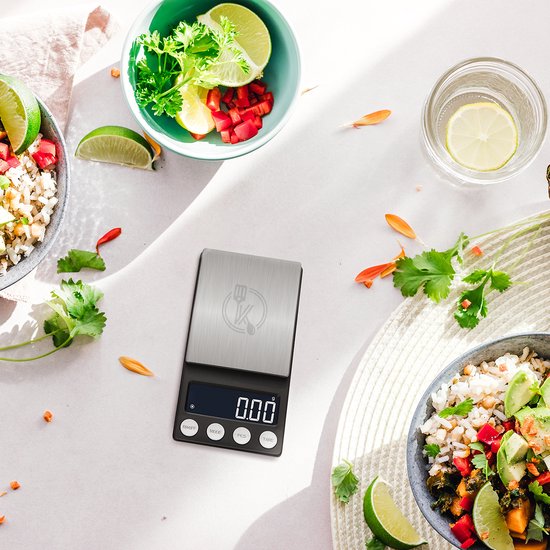 Kitchenwell digitale mini precisie keukenweegschaal - 0,01 tot 200 gram - 14.2 x 7.5 cm - pocket scale USB oplaadbaar - weegschaal keuken - zwart