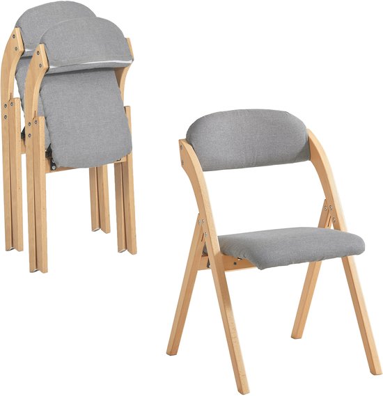 SoBuy Set van 2 Klapstoel, Bureaustoel met Gestoffeerd Zitkussen, Eetkamerstoel, Natuur/Grijs, 47.5x77x59 cm, FST92-Nx2 - voor eetkamer, balkon of kantoor