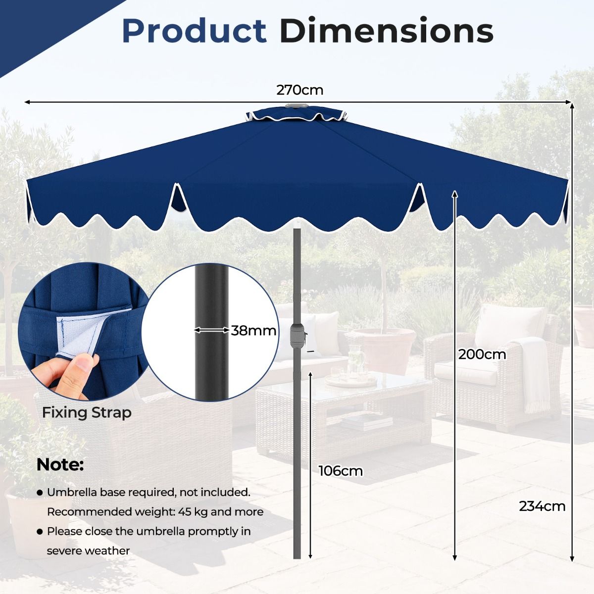 Coast tuinparasol - met zwengel - 30° kantelbaar - blauw 270 cm