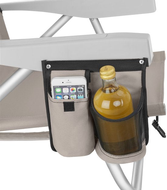 tectake® Strandstoel Coral - Opvouwbare Campingstoel met Koeltas en Opbergtas - 5-voudig Verstelbare Rugleuning met Hoofdkussen - Brede Armleuningen met Bekerhouder / Telefoonhouder - Inklapbare Kampeerstoel - Beige