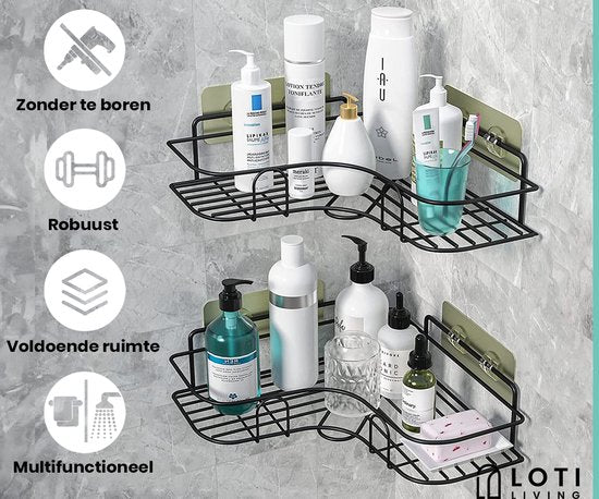 Loti Living Doucherek Zonder Boren – Hoekvorm – 2 stuks - Doucherek Hangend – Doucherekje zonder boren – Doucherekjes 2 stuks – Doucherek Zwart - Doucherek Aan Douchewand - Plakstrip