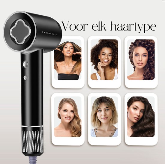 Sansbeauté® Föhn met Diffuser – Krullen – 110.000RPM - Ionische Haardroger met Borstel - 3 Standen - 3 Opzetstukken – Reisföhn - Coolshot – Haarföhn met Diffuser – Hair Dryer - 2000W - EssentiaPRO®