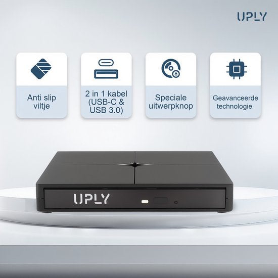 UPLY Externe DVD Speler - Windows en Mac - USB C en USB 3.0 - Externe DVD Speler voor Laptop - Externe DVD Speler en Brander - CD