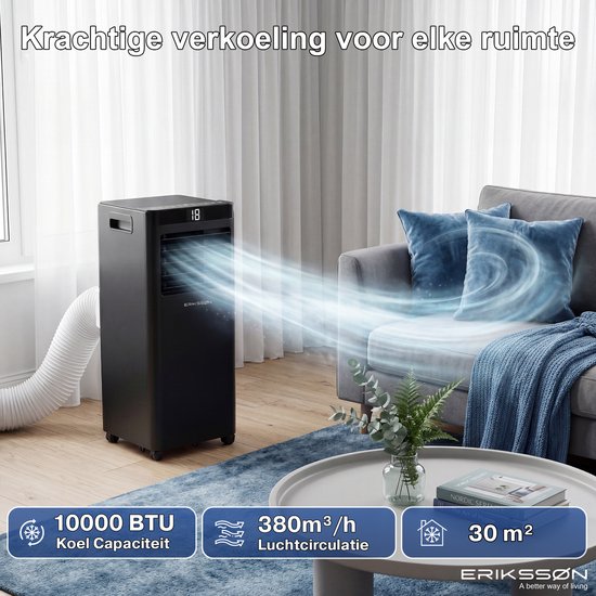 Erikssøn Mobiele Airco - 10.000 BTU - Incl. Raamafdichtingskit - Tot 30m² - 4-in-1 - Airconditioning - Ventilator - Ontvochtiger - Zwart