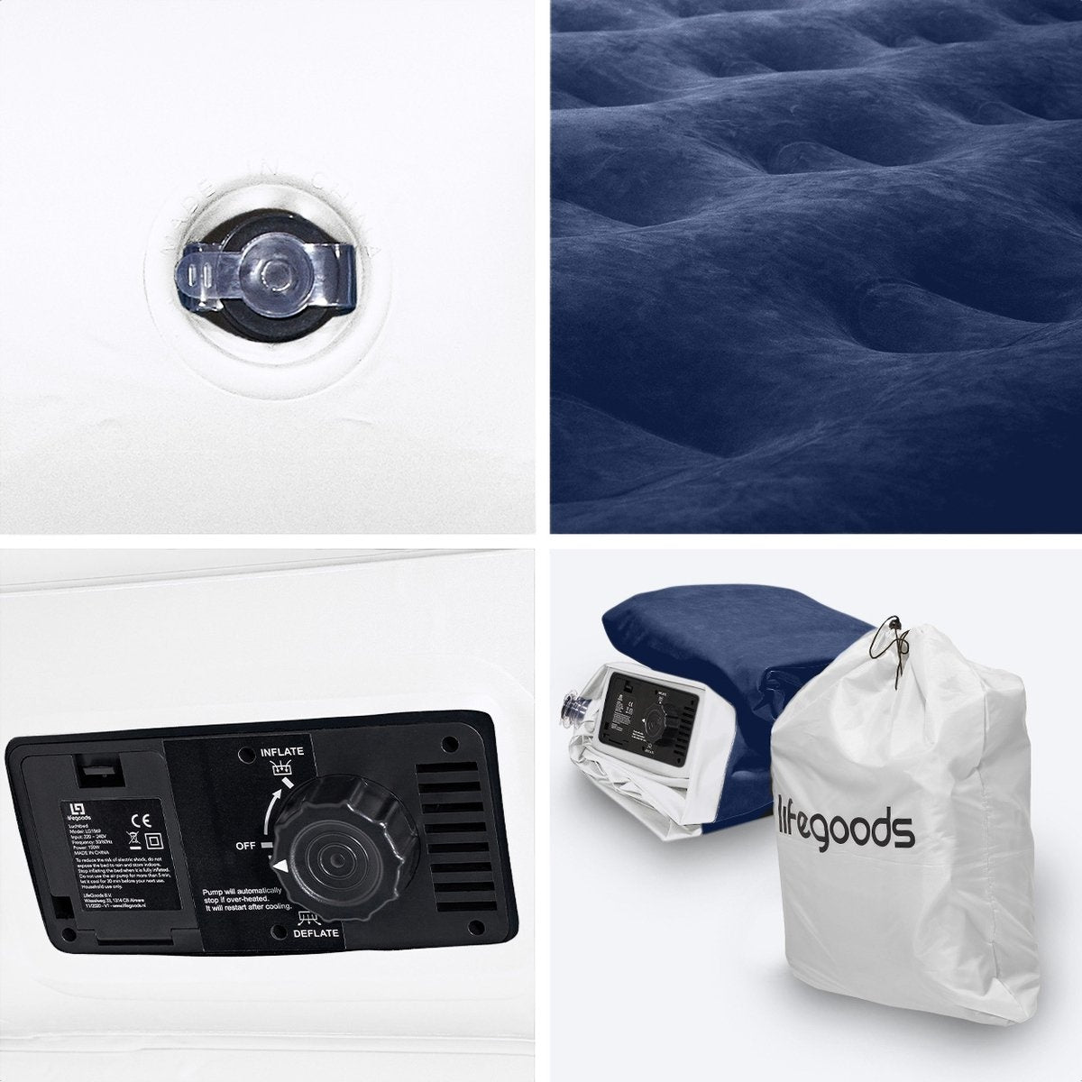 LifeGoods Luchtbed - 1 Persoons - met Ingebouwde Pomp - Incl. Draagtas en Reparatiekit - Wit/Blauw