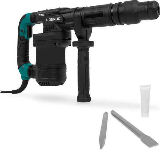 VONROC PRO Breekhamer 1200W - 6kg – slagkracht: 14 Joule – impactsnelheid: 3100 p/m – 5 meter kabel - Incl. zij-handgreep, puntbeitel, platte beitel en tube smeervet