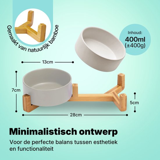 Jake and Jacky Voerbak Kat en Hond Keramiek - Voerbakken Dubbel met Standaard - Drinkbak - 2x 400 mL - Grijs