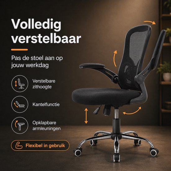 Infinity Goods Ergonomische Bureaustoel - Office Chair - 4D Lendensteun & Mesh - Opklapbare Armleuningen - Tot 150kg - NEN-EN1335 - Zwart