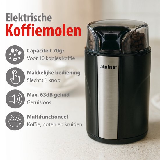 alpina Elektrische Koffiemolen 200W - Coffee Grinder voor 70g Koffiebonen - Bonenmaler met RVS Messen - Maler met Veiligheidsslot - Zwart