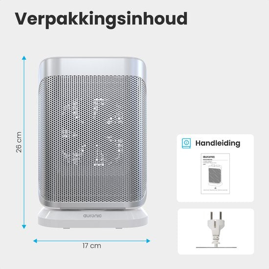 Auronic Elektrische Kachel - Ventilatorkachel - 2 Standen - 1500W Heater - Keramische Kachel met LED Indicatie - Roterend - Wit