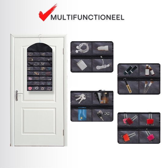 Aerend - Sieraden organizer - Dubbelzijdige hangende en doorzichtige Juwelenstandaard - Opbergaccessoires - Opbergtas boven de deur in zwart - Voor kettingen, oorbellen, zonnebrillen, ringen, Make-up