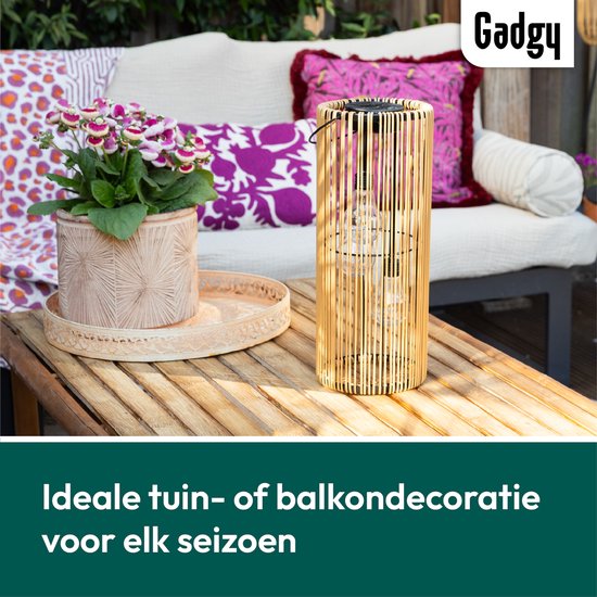 Gadgy Solar Tuinverlichting op Zonne-energie – Rotan Lantaarn voor Buiten – Hanglamp of Tafellamp – Spatwaterdicht – Sfeerverlichting voor Tuin, Balkon of Terras - Bruin – Ø17 x 41 cm – Dag/Nacht Sensor