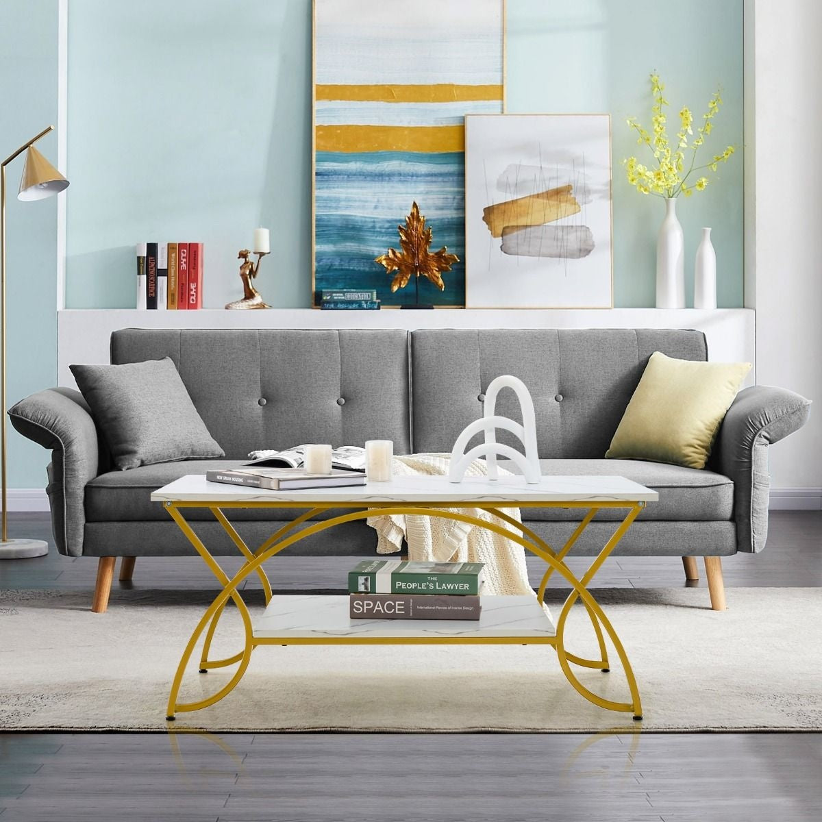 Coast Salontafe; Marmeren Look Modern - 100 x 50 x 45 cm - Wit En Goud