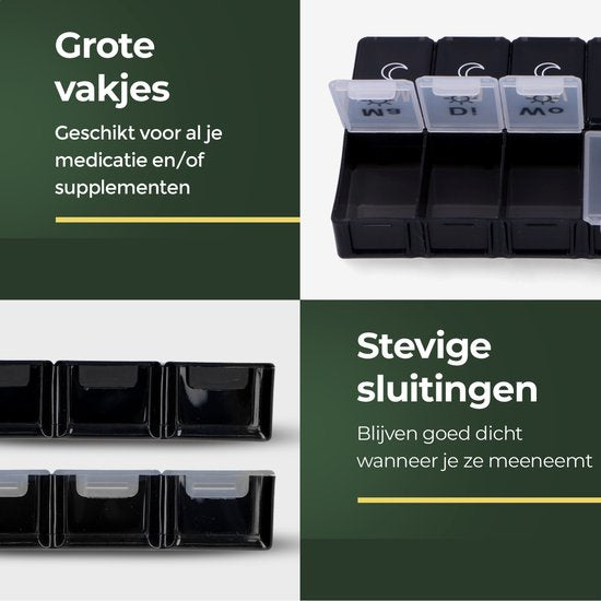 Gandria Pillendoos 7 Dagen - Pillendoosje - Pillesdoosjes met 14 Compartimenten - Medicijndoos met Stevige Sluiting - Grote vakken - Zwart