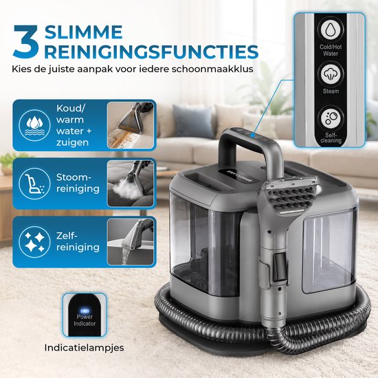 Powell Stoomreiniger - Tapijtreiniger - Vlekkenreiniger - Bank Reiniger - Meubelreiniger - Tapijtreiniger Stofzuiger - Reinigingsmachine - Tapijt Reiniger - 1800 Watt - Grijs