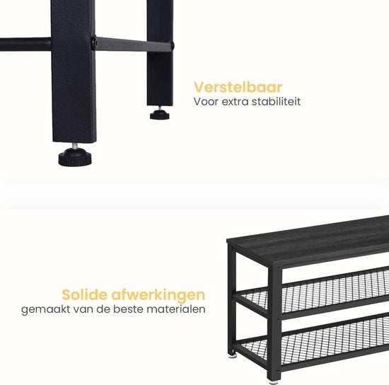 Goliving Schoenenrek – Schoenenbank – Halbank – Industrieel – 30 x 80 x 45 cm – Metaal – Zwart Hout