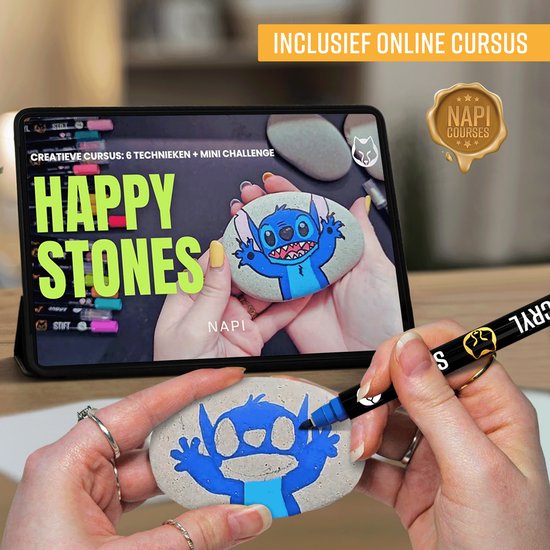 NAPI 24 Acrylstiften Dual Tip - Twinmarkers - Verfstiften Happy Stones - Stenen Schilderen met Acryl Verf Marker Stiften - Volwassenen en Kinderen - Incl. 2 Mandala Sjablonen