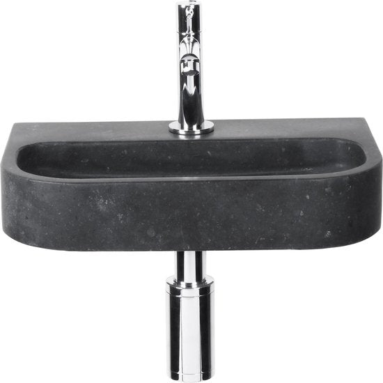 Differnz Ovale Small Fonteinset - Wasbak Natuursteen - Zwart - Rechte Kraan - Chroom - Standaard Greep - 38 x 24 x 8 cm