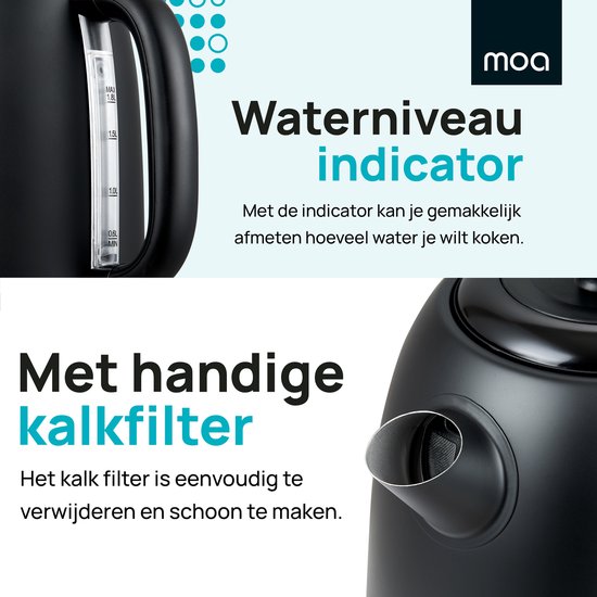 MOA Waterkoker 1,8 Liter - Elektrische Waterkoker - Met Kalkfilter en Anti-Slip - 2200W - Zwart