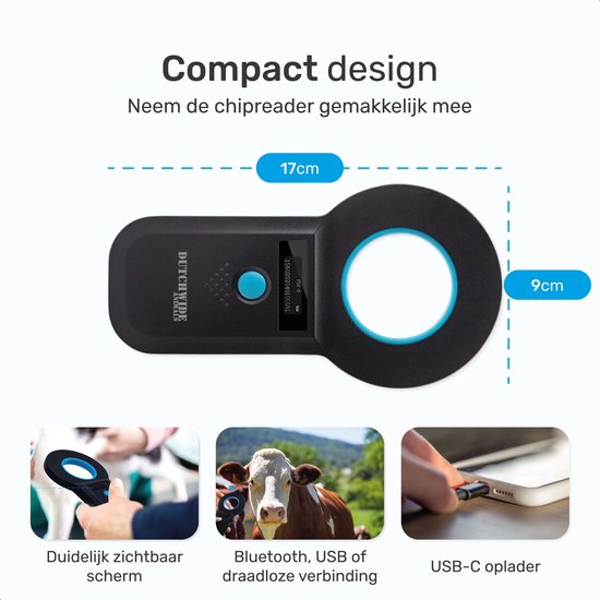 Dutchwide Chipreader Pro - Chiplezer Huisdier - Chip Reader Kat & Hond - Tot 128 tags - ISO11784/85 - EMID - FDXB