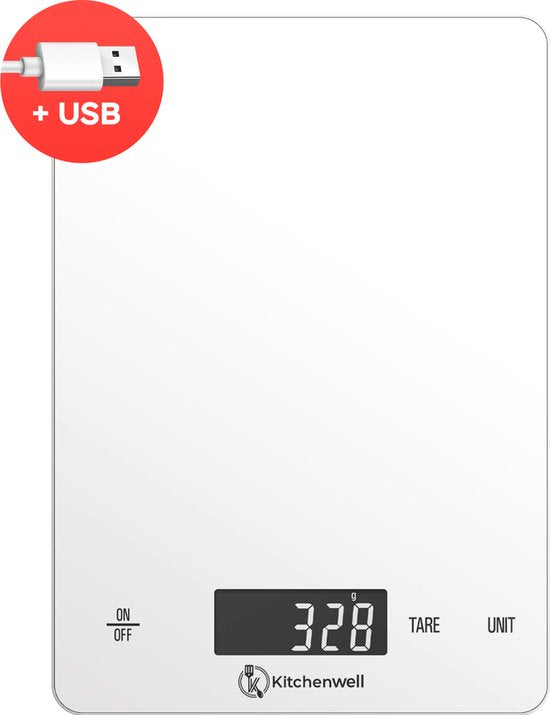 Kitchenwell Digitale Precisie Keukenweegschaal – Weegschaal Keuken - 1gr - 15kg – Tarra Functie - USB Oplaadbaar - Wit