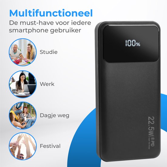 Nuvance - Powerbank 20000 mAh - 22.5W Snellaad Functie - USB, USB-C & Micro USB - Universeel voor Smartphones, Tablets & Gadgets - Reis Powerbanks - Zwart