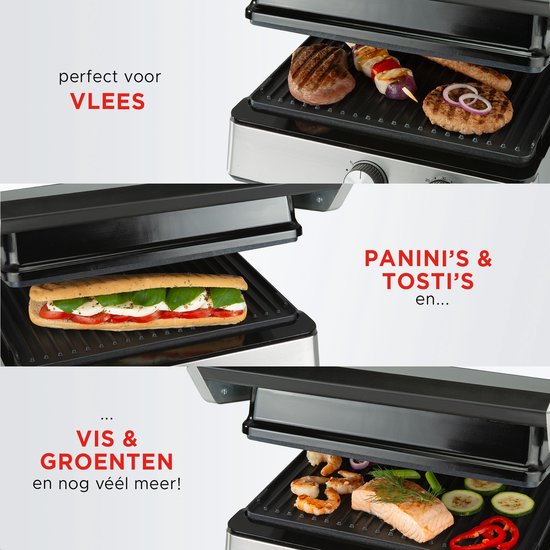 Bourgini Contact Grill PURE – PFAS-vrije 2-in-1 Sandwich- & Panini-Grill – Instelbare Temperatuur & Timer – Verwijderbare Grillplaten – Zilver