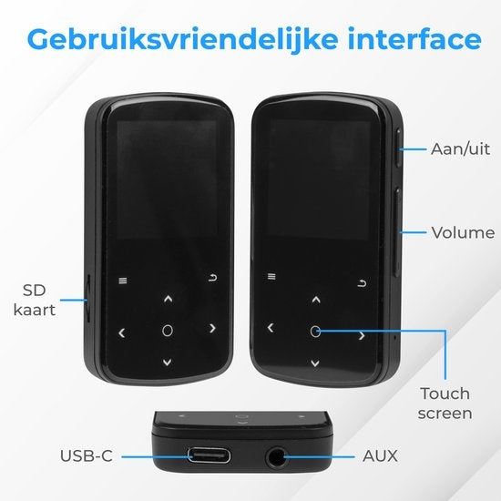 Nuvance - MP3 Speler met Touchscreen en Bluetooth - Incl. Oordopjes - met Clip - Voice Recorder Digitaal - met FM Radio - Zwart