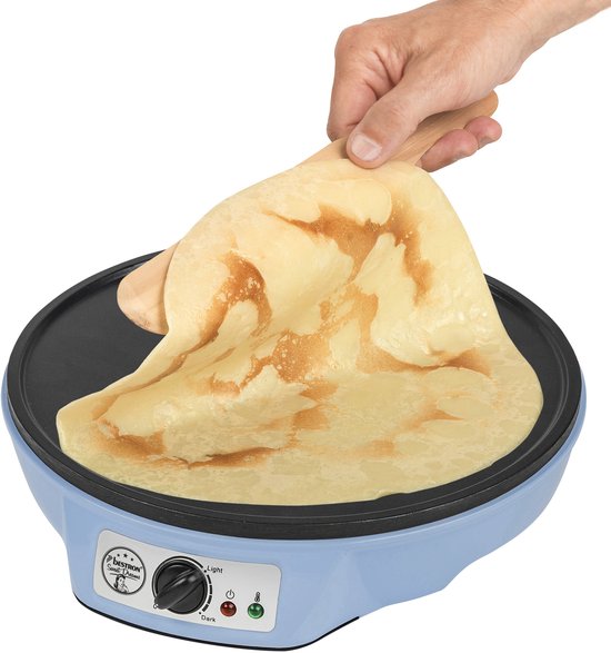Bestron Pannenkoekenmaker - ASW602B - 1000W - Crêpemaker - 30cm - Blauw - Incl houten stapel en verdeler - 5 jaar garantie