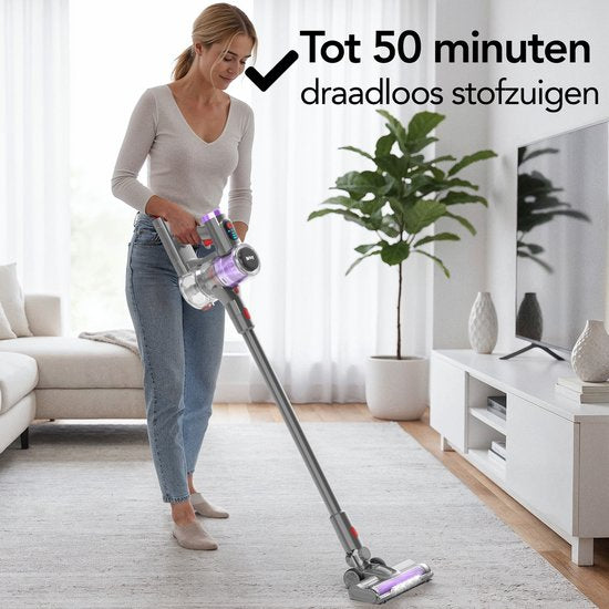 Brixy Steelstofzuiger Draadloos - 30 kPa Zuigkracht - 50 Min Gebruiktijd - Meerdere Filters - Kruimeldief - Draadloze Stofzuiger - Vacuum Cleaner - Grijs/Paars