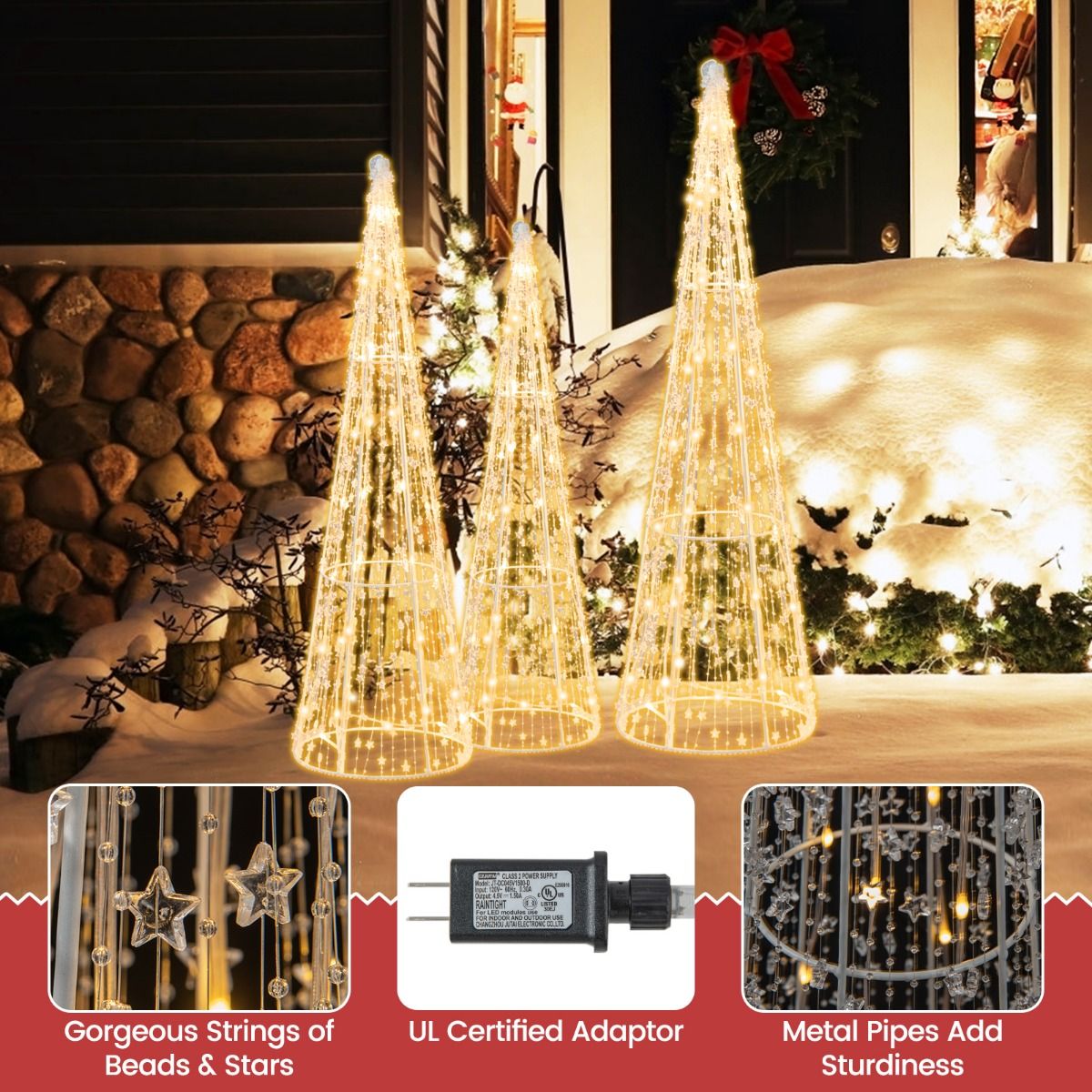 Coast Verlichte Kerstkegelbomen Set van 3 – Warmwit LED – Sterrenslingers – Wit – 81 / 72 / 62 cm – Voor Binnen & Buiten