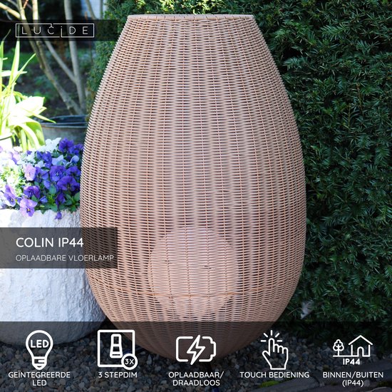 Lucide COLIN IP44 - Oplaadbare Vloerlamp Binnen/Buiten - Accu/Batterij - LED 3 StepDim - 1x3W 3000K - IP44 - Naturel
