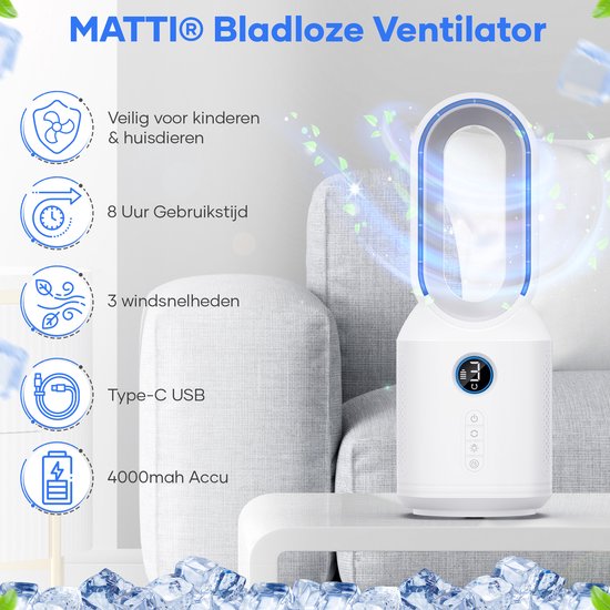 MATTI® - Tafelventilator - Ventilator Staand - Draadloze Ventilator - Bladeless - Incl. Nachtlampje - Wit