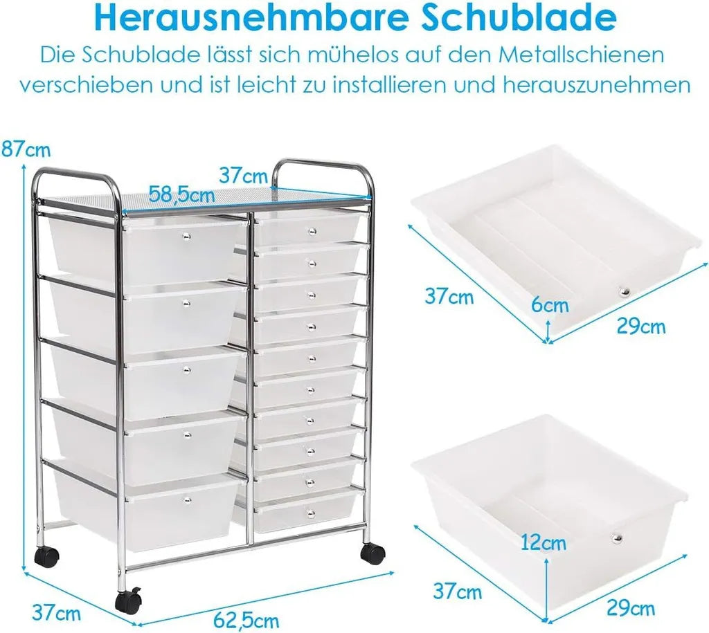 Coast -trolleys met 15 stapelbare laden Roll -containerzijde Trolleys met 15 laden gekleurd/zwart 63 x 37 x 87 cm transparant